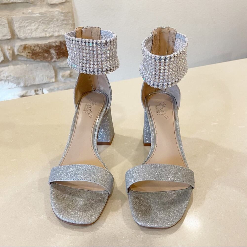 Jewel Badgley Mischka Fennella Rhinestone Silver Glitter Chunky Heel Sandals 8 - Picture 3 of 11